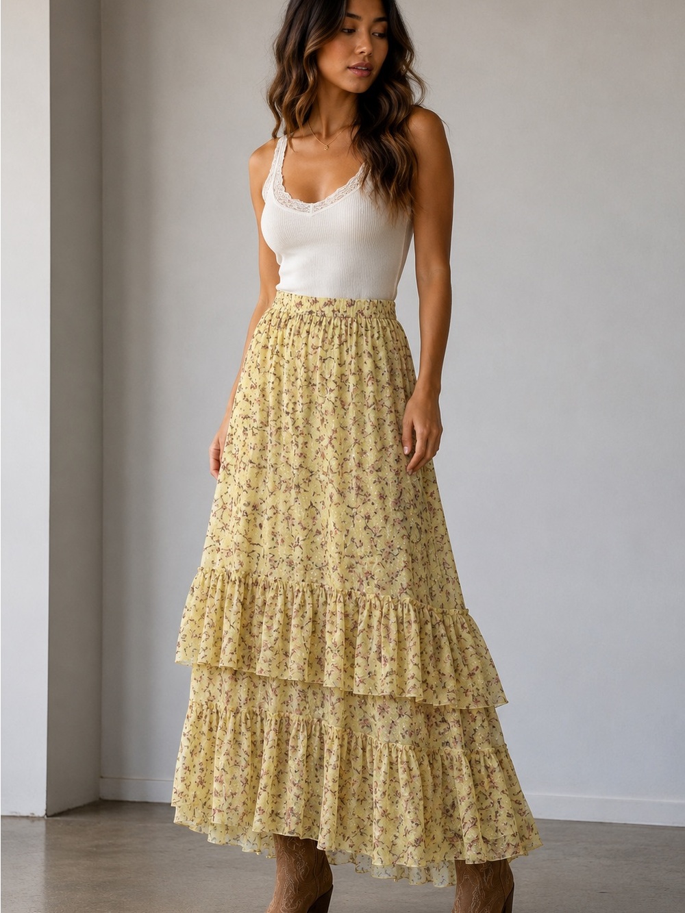 H&M Yellow Floral Tiered Maxi Skirt with Ruffle Tiers